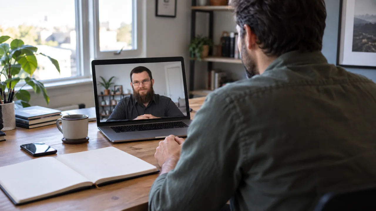 Illustrative view of a client in a video consultation with a Domin Software specialist