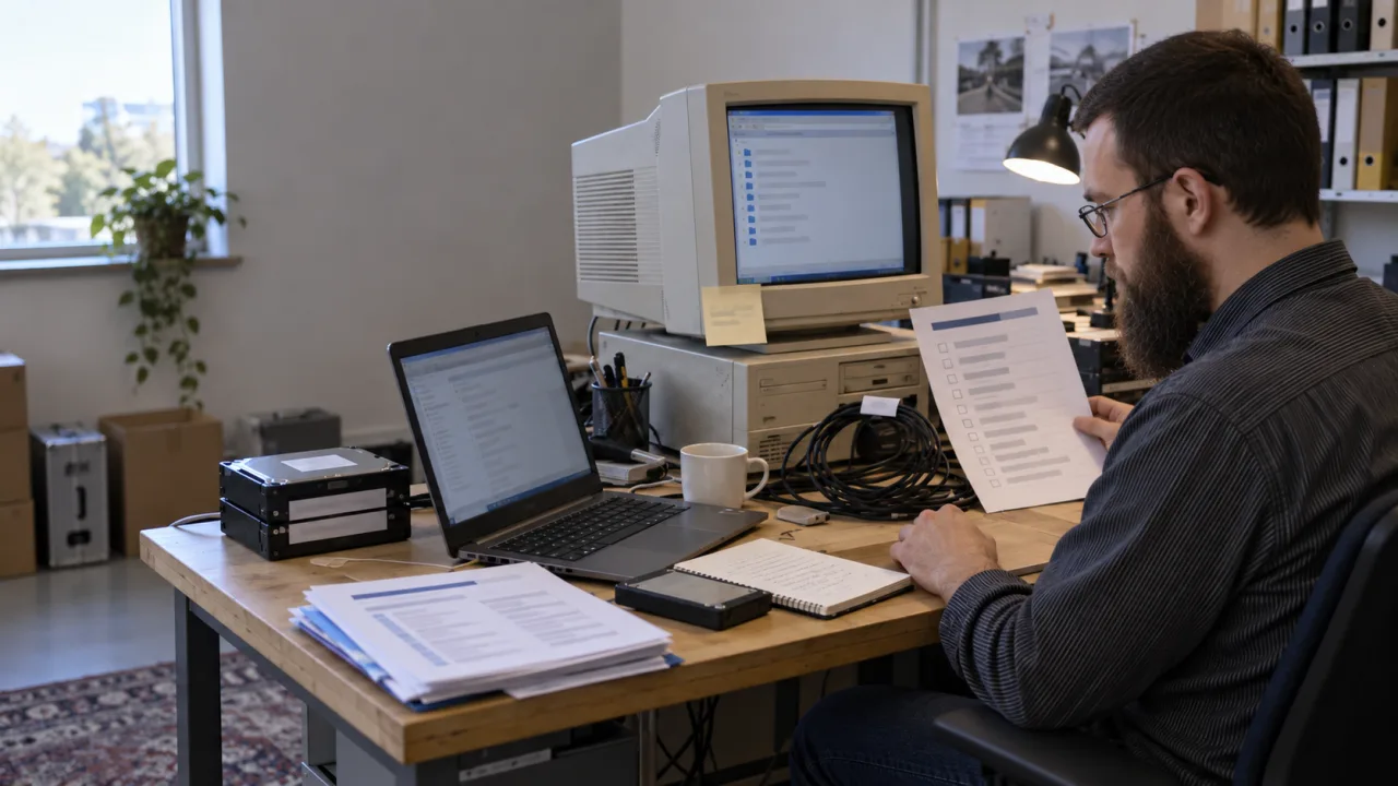 Illustrative Aufnahme eines Domin-Software-Spezialisten bei der Planung des Umstiegs von älteren Computern und der Datenmigration