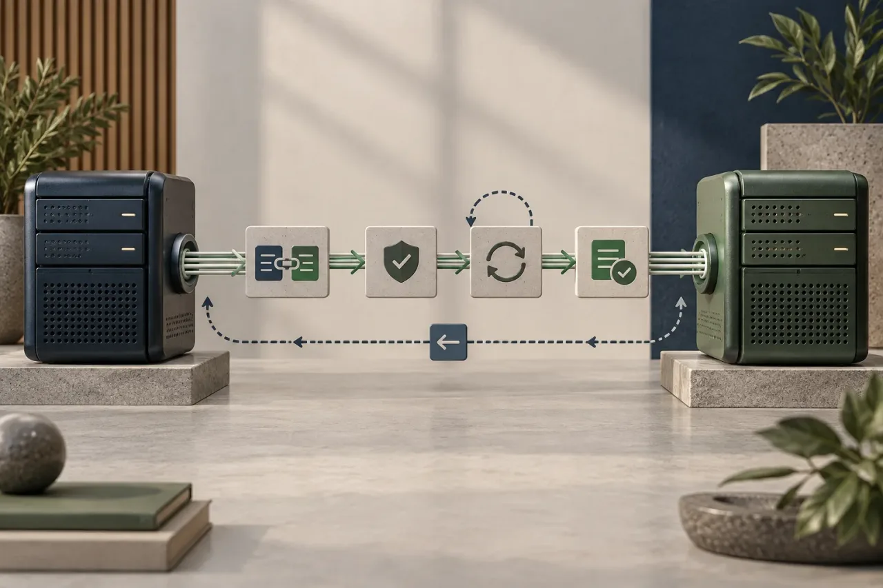 Zwei getrennte Systeme, verbunden durch einen kontrollierten Datenfluss mit Validierung, Wiederholung und Bestätigung