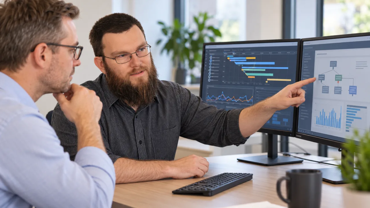 Domin Software specialist reviews application and database performance measurements with a client