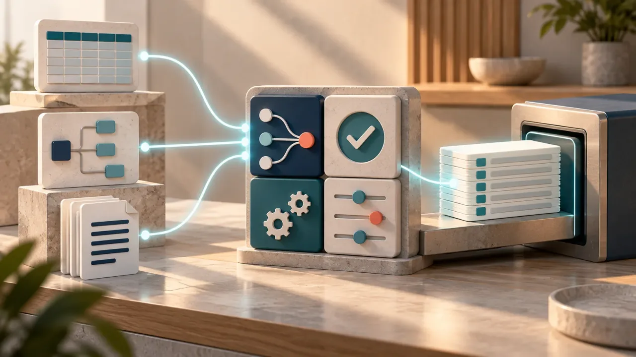 Illustration der Konvertierung verschiedener Datenquellen über Zuordnung und Prüfung zu einem strukturierten Paket für das Zielsystem.