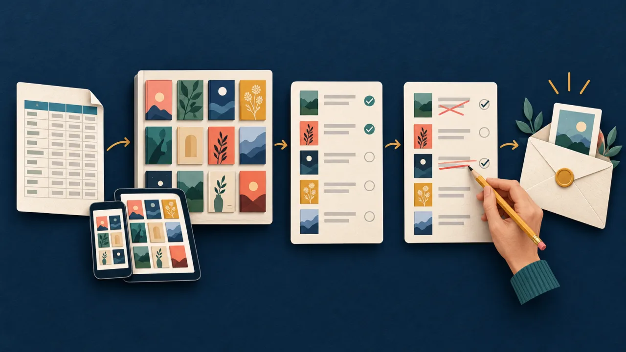 Illustration des OBIBOOK-Ablaufs vom CSV-Import über den Buchkatalog und die Kundenliste bis zu manuellen Korrekturen und der Übergabe der Liste.