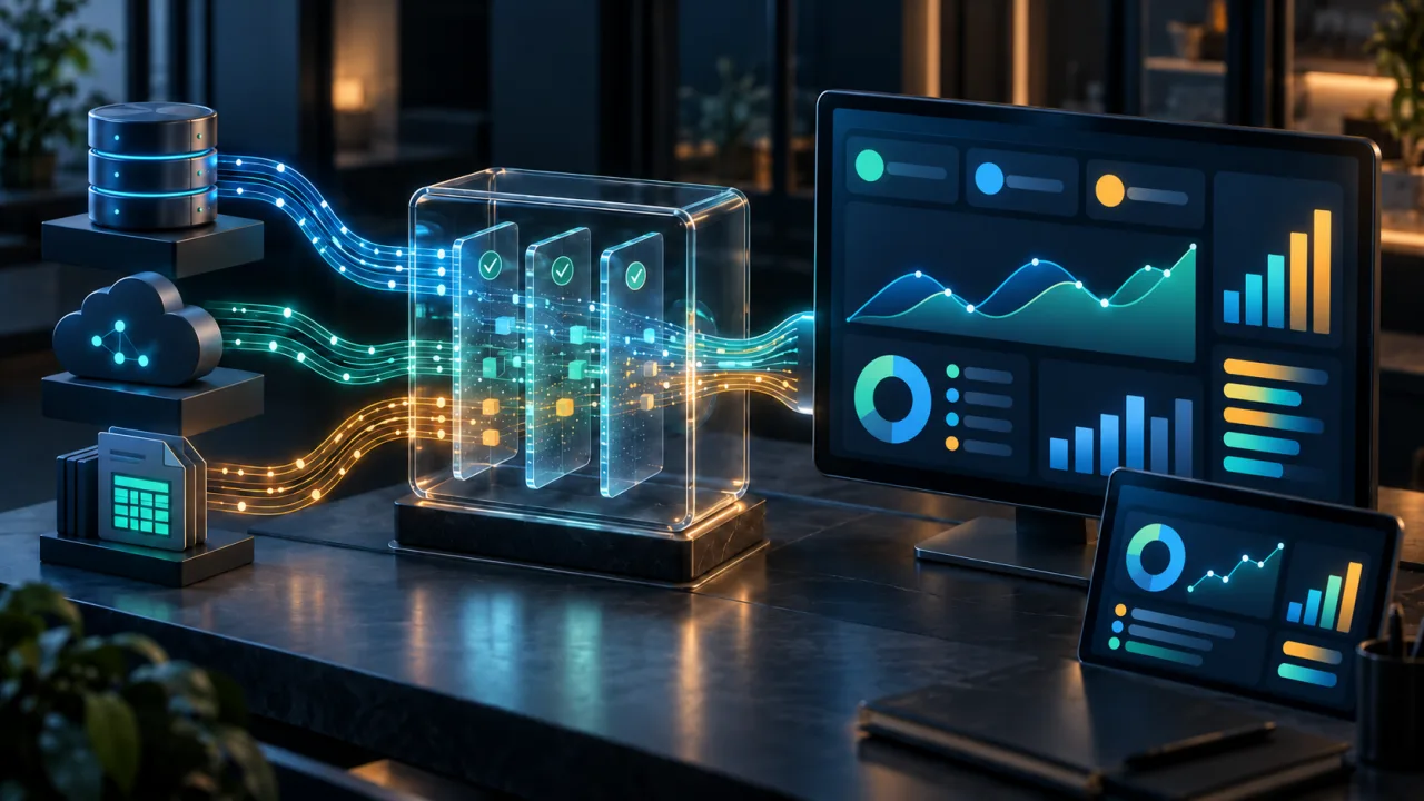 Business data sources feed a custom management dashboard and a separate report for another user role