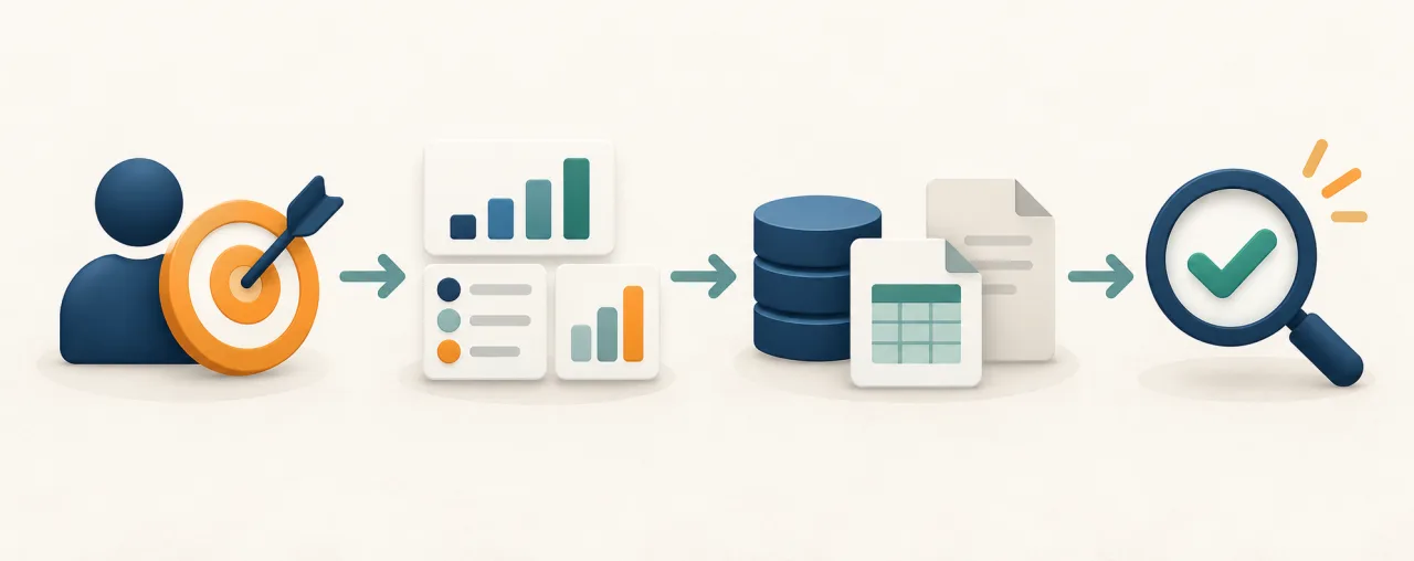 Dashboard planning flow in which the audience and decision lead to defined metrics, data sources and validation.